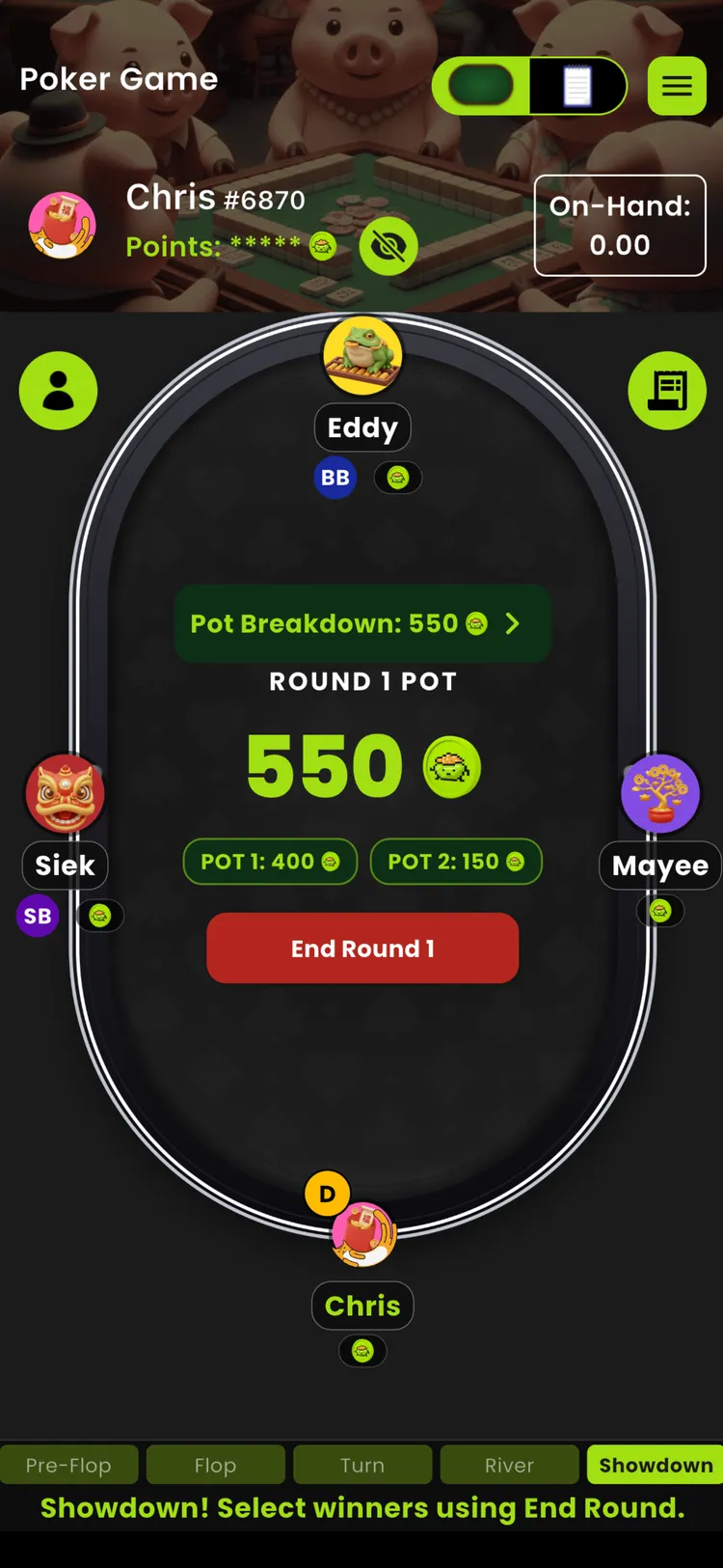 PartyPot Poker Mode showdown with an automatic main pot and side pot