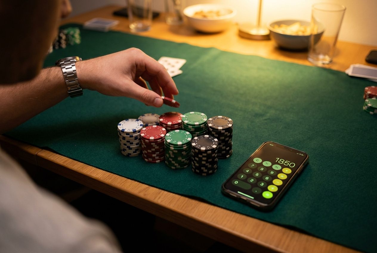 Sorted stacks of poker chips being counted on a felt table next to a phone showing the running total